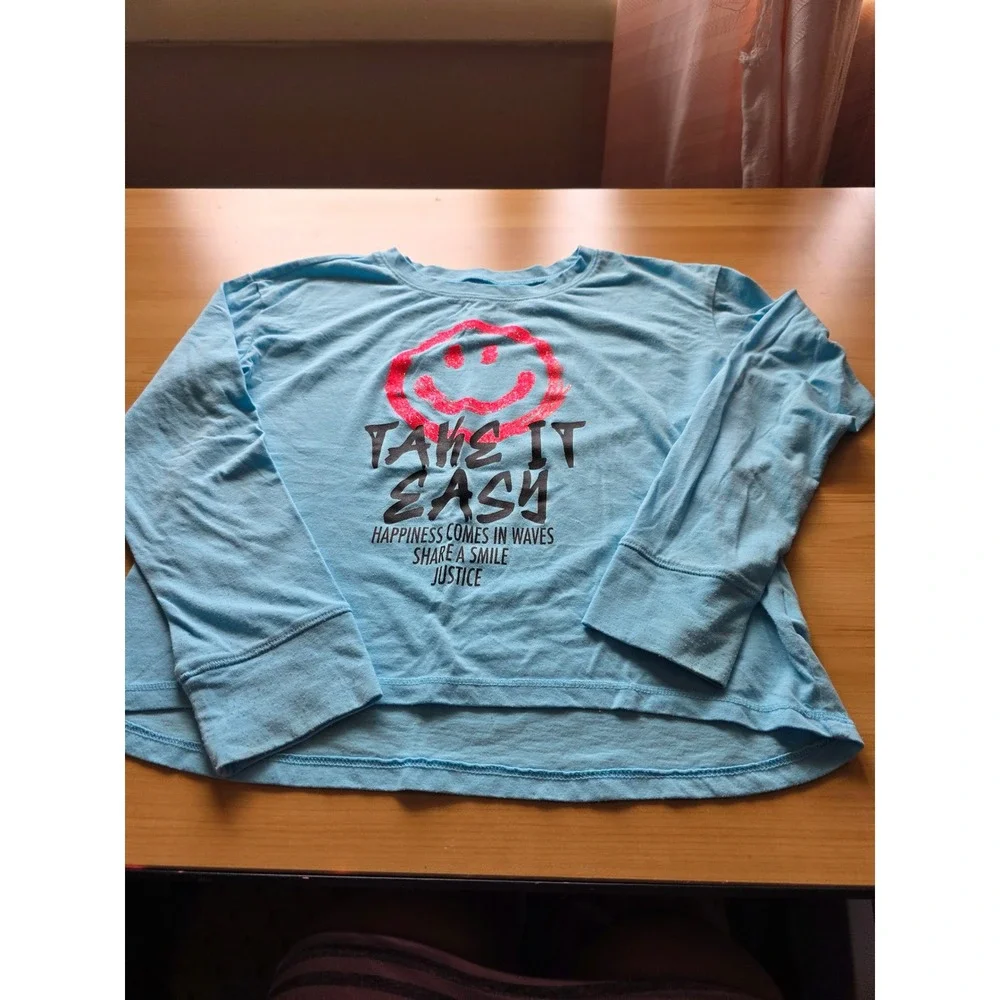Justice Girls Blue Take It Easy Smiley Face Glitter Graphic Long Sleeve Tee S7/8